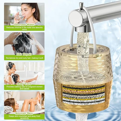 Bath Filter for Tub - KDF-55 Bath Water Filter for Tub Faucet, Removes Most Chlorine, Lead, Fluoride and Heavy Metals | Hard Water Softener, Improves Skin, Hair and Nails (Gold)