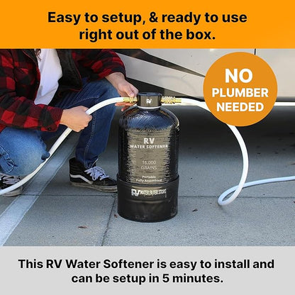 Essential RV Water Softener Portable 16,000 Grain w Custom Hose, Long Lasting for RVers Vanlife, 3/4" Fittings, Softens Hard Water When Traveling or Mobile Spot Reducing Car Washing