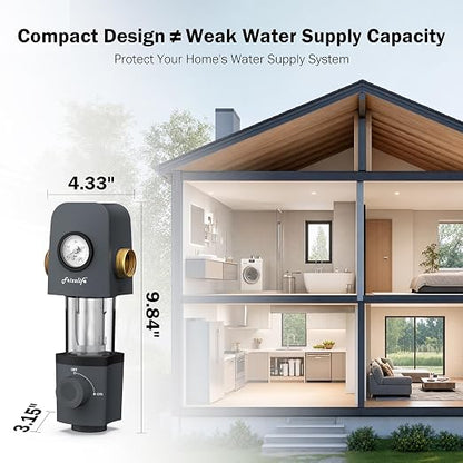 Frizzlife 40/100 Micron Spin Down Sediment Water Filter with Built-in Scraper & Pressure Display, Reusable Whole House Pre-Filter for City/Well Water, Washing Machine, Flushable, BPA Free, 1"&3/4" NPT