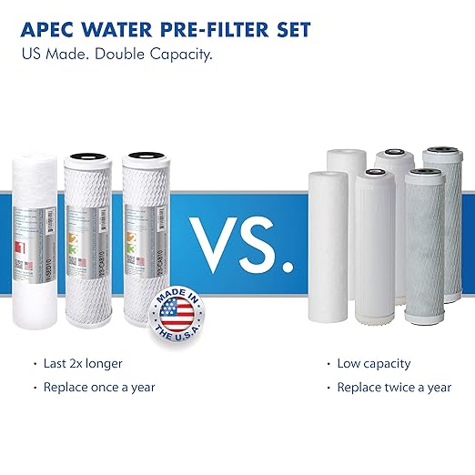 APEC Water Systems WFS-1000 3 Stage Under-Sink Water Filter System, White & Filter-Set-ES High Capacity Replacement Pre-Filter Set for Essence Series Reverse Osmosis Water Filter System Stage 1-3