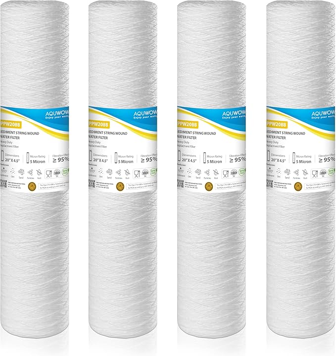 PPW20BB 5 Micron 4.5" x 20" String Wound Sediment Filter Set – Replacement Cartridges for Whole House & Under Sink Systems, Durable Depth Filtration (4, 20 x 4.5)