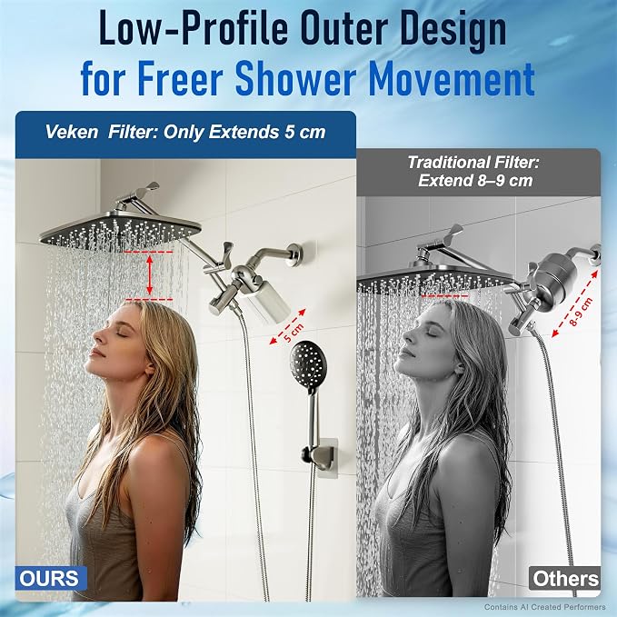 Veken Shower Filter to Reduce Chlorine, KDF Shower Head Filters with Activated Carbon and Calcium Sulfite for Filtered Shower Water, Filtro Para Ducha De Baño, One-Press Replacement, White