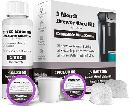 3 Month Brewer Care Cleaning Maintenance Kit Compatible with Keurig Coffee Makers | 1 Bottle Descaling solution| 3 Rinse Pods| 2 Water Filters