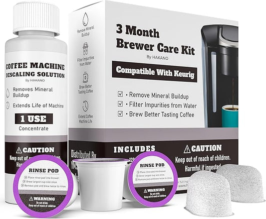 3 Month Brewer Care Cleaning Maintenance Kit Compatible with Keurig Coffee Makers | 1 Bottle Descaling solution| 3 Rinse Pods| 2 Water Filters