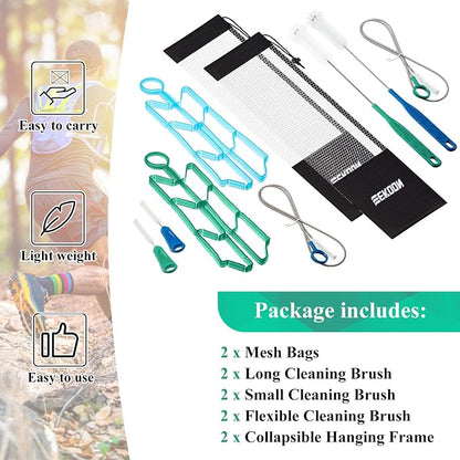 Feekoon Reservoirs Backpack Accessories Hydration Bladder Cleaning Kit with Flexible Long Brush for Hose, Small Bite Valve and Big Brush, Drying Collapsible Bladder Frame, Carrying Pouch