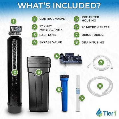 Tier1 Whole House Water Softener System 32000 Grain Capacity | High Efficiency Design with Ceramic Control Valve | Preloaded 1 Cubic Foot Resin Mineral Tank | Home Filtration System for 3 to 4 Baths