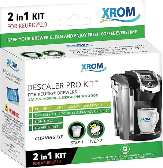 XROM Plant Based Descaling & Cleaning Kit, Compatible With All K-Cup Keurig 2.0 Brewers, All Natural Ingredients, Rinse Pods, Descaler Solution For Keurig Coffee Makers< 2 Uses.