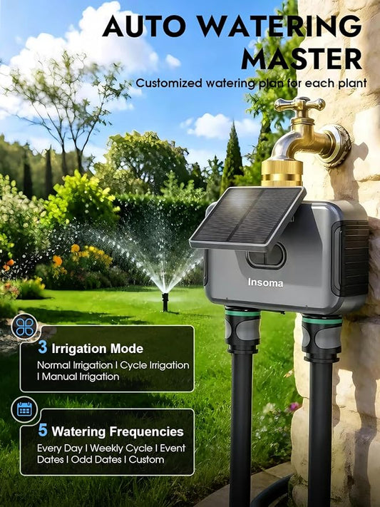 Insoma Solar WiFi Water Timer 2 Zone, Solar&Type-C Rechargeable Smart Sprinkler Timer w/Adjustable 120° Solar Panel, APP&Voice Control Automatic Irrigation for Garden Hose Lawn, No Gateway Required