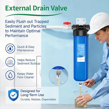 Whole House 20"x4.5" Blue PP Sediment Pre-Filter Housing with Drain Valve | Filters sediment, rust & dirt, pre-filter for city & well water, easy DIY install, includes 1 pack PP filter and 2 valves