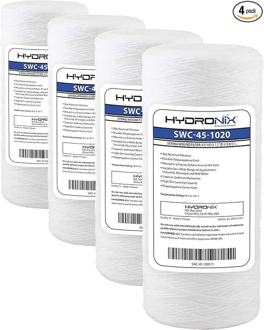 Hydronix HX-SWC-45-1020/3 Universal Whole House Sediment String Wound Water Filter Cartridge 4.5 inch x 10 inch - 20 micron, White, 3 Count (Pack of 4)