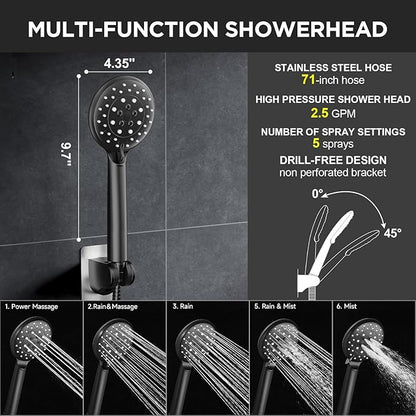 Veken 11.8" Rain Shower Head with Handheld, High Pressure Handheld Shower Heads with Multi Spray Modes, Rainfall Combo with 15" Metal Extension Arm,Detachable Dual Shower, Long 6 ft. Hose,Matte Black