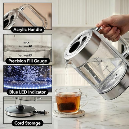 OVENTE Electric Kettle, 1.8L Tea Kettle Cordless with Borosilicate Glass Water Boiler, Stainless Steel Base, Acrylic Handle, 1500W Fast Boil Electric Kettle, Easy Fill Lid, Auto Shutoff, Silver KG911S
