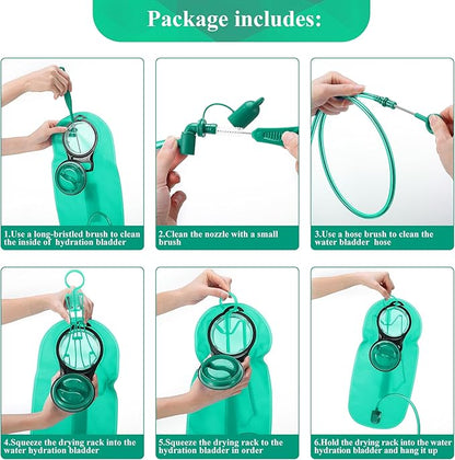 Feekoon Reservoirs Backpack Accessories Hydration Bladder Cleaning Kit with Flexible Long Brush for Hose, Small Bite Valve and Big Brush, Drying Collapsible Bladder Frame, Carrying Pouch