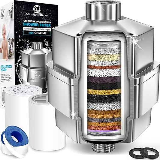 AquaHomeGroup 20 Stage Shower Filter - Reduces Chlorine, Heavy Metals and Sediment - Vitamin C and E - High Output - Universal Fit - Chrome