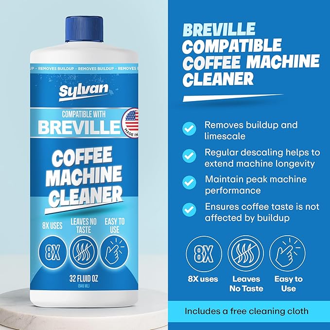 Descaling Solution Compatible with Breville | Free Cleaning Cloth | 12 Month Supply | Made in the USA | Descaling Kit for all Breville Machines | 32 Oz | Coffee Machine Cleaner and Decalcifier
