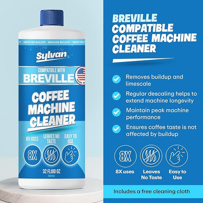 Descaling Solution Compatible with Breville | Free Cleaning Cloth | 12 Month Supply | Made in the USA | Descaling Kit for all Breville Machines | 32 Oz | Coffee Machine Cleaner and Decalcifier