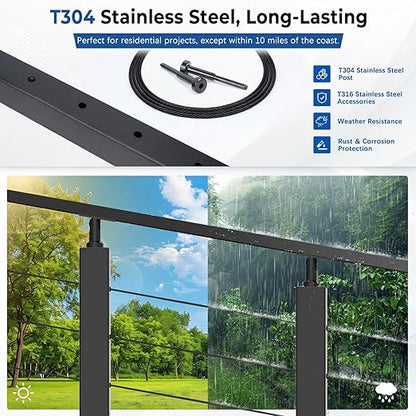 36" Modular 12-16FT Black T304 Stair Cable Railing Post Kit, Cable Railing System with 4 Stair Posts, 177ft 1/8" Wire Rope(No Handrail), Adjustable Length Easy DIY for 28-38° Stairway