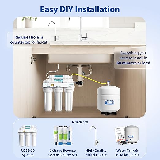 APEC Water 5-Stage Under Sink Reverse Osmosis Water Filter System, ROES-50 Essence Series, WQA Certified, 50 GPD, Reduces 99.99% of Contaminants, Home Water Filtration, DIY Install