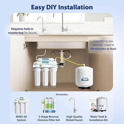 APEC Water 5-Stage Under Sink Reverse Osmosis Water Filter System, ROES-50 Essence Series, WQA Certified, 50 GPD, Reduces 99.99% of Contaminants, Home Water Filtration, DIY Install
