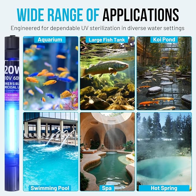20W UV Water Clarifier with 17ft Cable for 100-1000 Gallon Aquariums, Ponds & Pools - Professional UV Light for Green Water Control in Koi Ponds, Fish Tanks, Spas & Cold Plunge