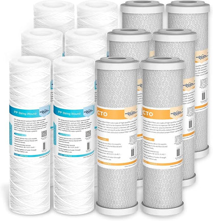 Membrane Solutions 5 Micron String Wound & 5 Micron CTO Carbon Block Water Filter 10"x2.5", Whole House Water Filters Universal Replacement Filter Cartridge