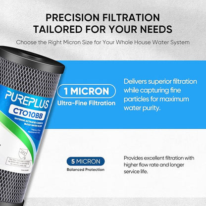 PUREPLUS 1 Micron Coconut Shell Water Filter Cartridge | Activated Carbon Block CTO | Universal Whole House 10 inch Cartridge | Compatible with WFHDC8001, CB-BB-10, EPM, EP-BB, 3Pack