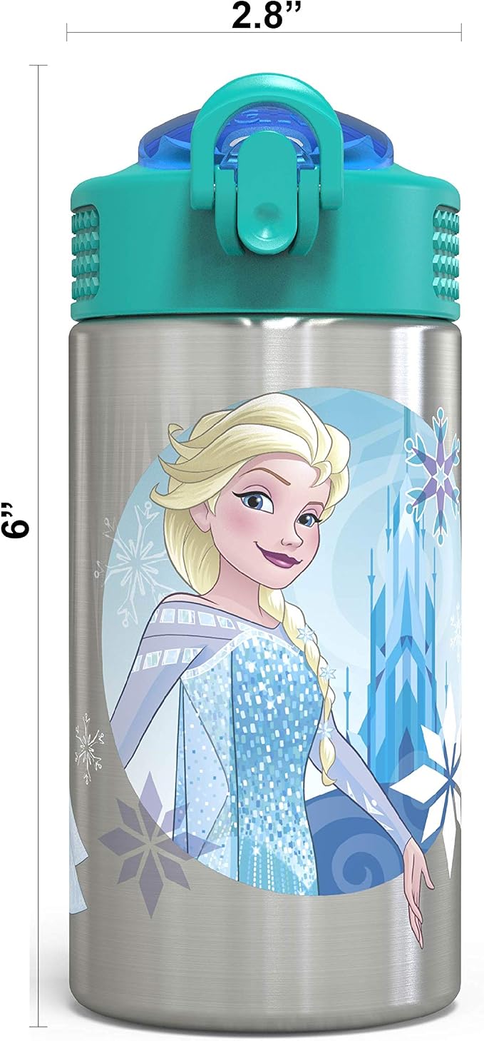 Zak Designs Frozen 15.5oz Stainless Steel Kids Water Bottle with Flip-up Straw Spout - BPA Free Durable Design, Frozen Girl SS