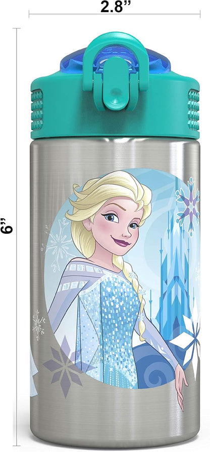 Zak Designs Frozen 15.5oz Stainless Steel Kids Water Bottle with Flip-up Straw Spout - BPA Free Durable Design, Frozen Girl SS