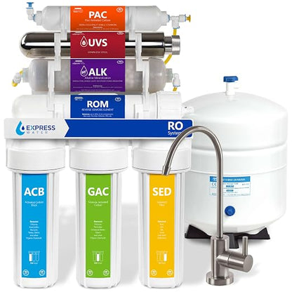 Express Water 11-Stage Reverse Osmosis Water Filtration System with Alkaline & UV Filter, Brushed Nickel Faucet – 100 GPD Under Sink Water Filter with Alkaline Filter for Added Essential Minerals