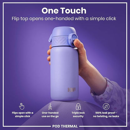 ION8 Insulated Steel Water Bottle, 320 ml/11 oz, Leak Proof, Easy to Open, Secure Lock, Dishwasher Safe, Carry Handle, Hygienic Flip Cover, Scratch Resistant, Durable Stainless Steel, Light Purple