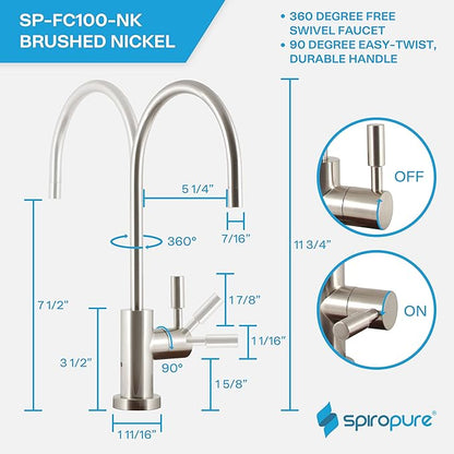 SpiroPure NSF-Certified Lead-Free Air Gap RO Faucet, Brushed Nickel/Satin Nickel, Reverse Osmosis Replacement Water Filter Faucet, 3 Line Filtered Faucet, SP-FC100-NK