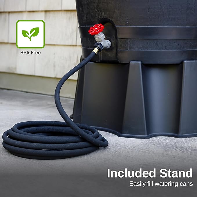 RTS Home Accents 50-Gallon ECO Rain Barrel Made with 100% Recycled Plastic, Flat Back Rain Water Collection Barrel, Stand Included, Black