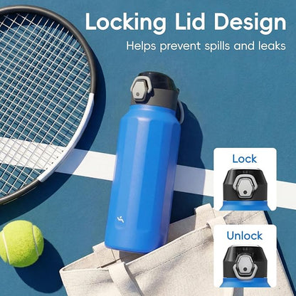 Konokyo FLOWPLAY 32oz Locking Push-Button Water Bottle with Silicone Spout,Leak-Proof,18/8 Stainless Steel Double-Wall Vacuum Insulated for Sports and Travel,BPA-Free,Sapphire Blue
