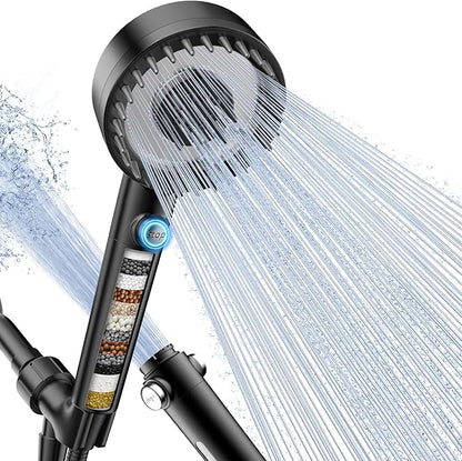 PWERAN Filtered Shower Head with Handheld, High Pressure 4 Spray Mode Showerhead with Filters, Water Softener Beads for Hard Water with ON/OFF Switch for Pets