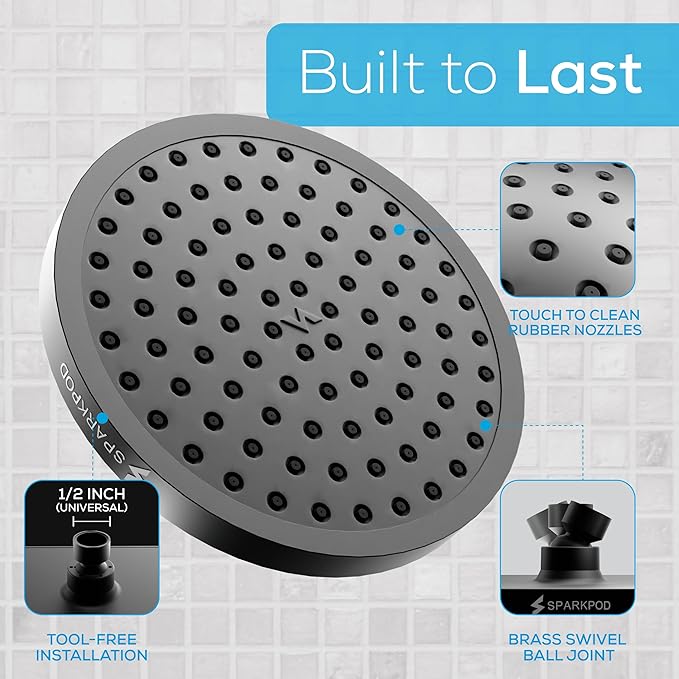 SparkPod Shower Head - High Pressure Rain - Premium Quality Luxury Design - Easy Clean Adjustable Replacement for Your Bathroom Shower Heads (Midnight Black Matte, 8 Inch Round)