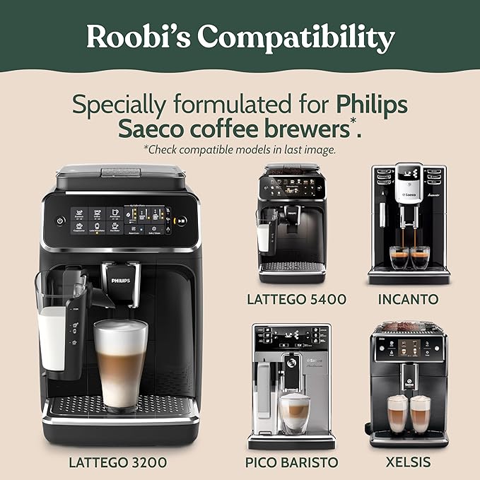 Roobi Cleaning Tablets & Filters Compatible with Philips Saeco. Includes 16 Espresso Cleaning Tablets & 4 Water Filters. Carbon Neutral Philips Cleaner Kit. 1 Year Supply.