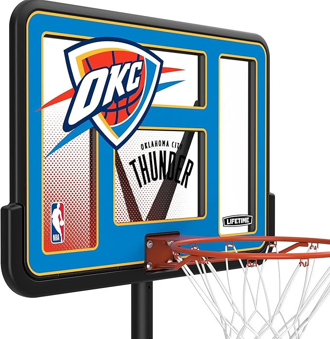 Lifetime NBA Oklahoma City Thunder Portable Basketball Hoop, Adjustable Height 7.5-10 Ft, 44 Inch Shatterproof Fusion Backboard, Base with Wheels