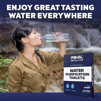 Water Purification Tablets - Water Purifier Tablets for Emergency Water - Hiking, Camping, Survival, Emergency – Drinking Water Filtration System Survival Tabs - Purificador De Agua - 1L - 100 Tablets