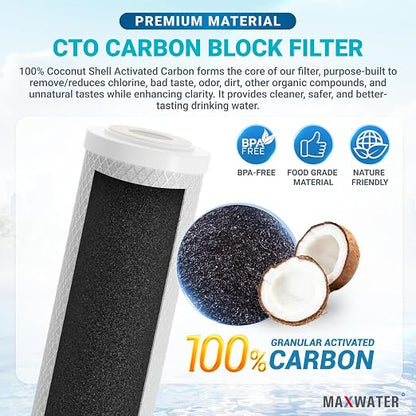 Max Water Whole House Water Filter Housing, 1 Stage 10 inch Housing for Under Sink Reverse Osmosis Water Filtration System, with CTO Carbon Filters Pre Aquarium Boiler RO Odor - Reducer (1 Stage CTO)