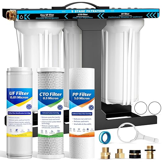 RV Water Filter System,5-Stage RV Water Filter System 0.01 Micron Filtration, 1/2"Inlet/Outlet, Reduces Sediments, Chlorine, VOCs, Heavy Metals & Odors, Ideal for RVs, Campers, Travel Trailers, Boats