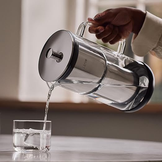 Aarke Purifier Regular Glass Pitcher Bundle w/Steel Filter, BPA-Free, 3 Enriched + 1 Pure Granules, 2.4L Pitcher with 1.18L Filtration Capacity