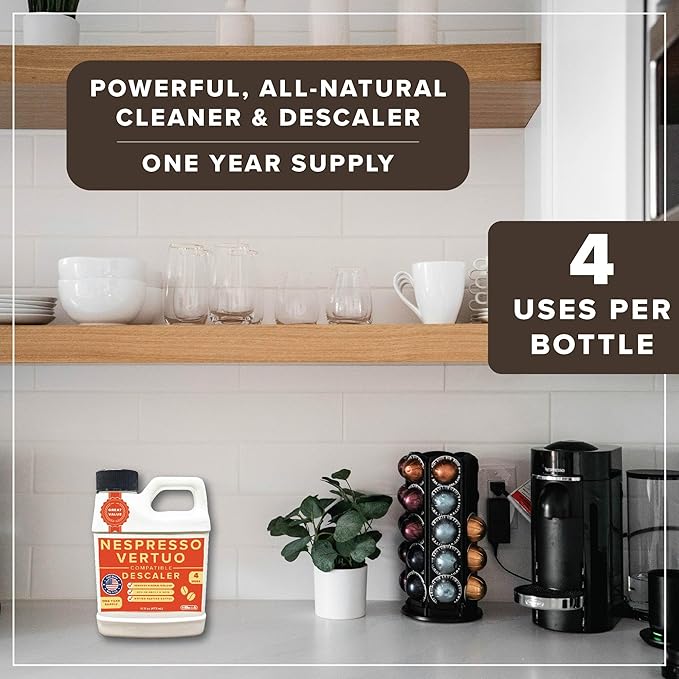 Tillbrook Descaler Compatible with Nespresso Vertuo Machine - 1 YEAR SUPPLY Concentrated Descaler for Nespresso - 16oz Coffee Maker Cleaner for Nespresso, Breville, Keurig, Espresso Machine - 4 Uses