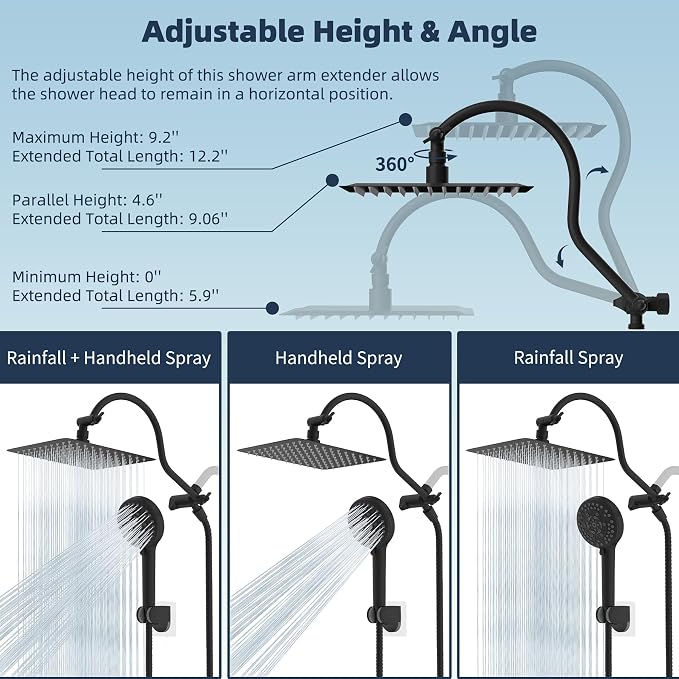 Hibbent All Metal High Pressure Rainfall 10'' Shower Head, CUPC Certified Handheld Showerhead Combo, 12'' Adjustable Shower Extension Arm, 10-Spray, 71'' Hose, Adhesive Showerhead Holder, Matte Black