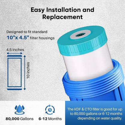 PUREPLUS 10" x 4.5" Whole House KDF Water Filter, Heavy Metal Removal Replacement Water Filter, 5 Micron, RFN10BB-CKDF, 1PACK