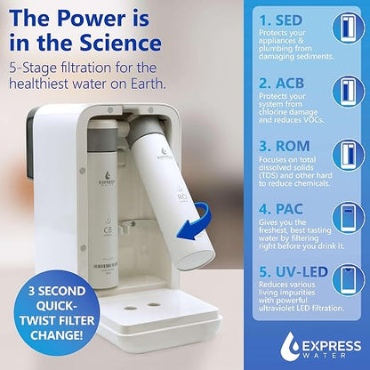 Express Water ROC001 UV Countertop Water Filter System – Hot, Room, Ambient Reverse Osmosis – 5 Stage RO Water Filter System with UV Water Purifier – No Installation Required