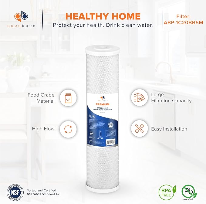 Aquaboon 5 Micron 20 x 4.5 Whole House Water Filter Replacement Cartridge Carbon Block Chlorine Reduction for 1-Stage Water Filtration System 1 Pack