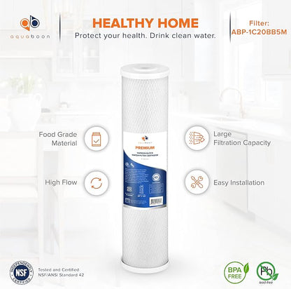 Aquaboon 5 Micron 20 x 4.5 Whole House Water Filter Replacement Cartridge Carbon Block Chlorine Reduction for 1-Stage Water Filtration System 1 Pack
