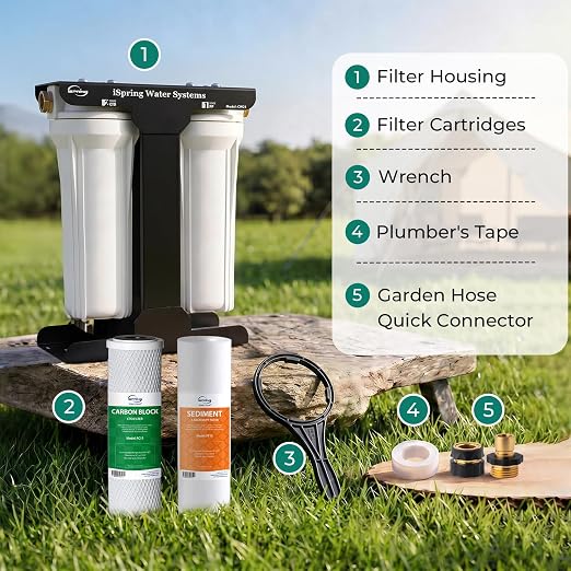 iSpring 2-Stage RV Water Filter System, Removes up to 99% Contaminants, Including Chlorine, Sediment, Sand, Dirt, Odor, and Color, Leak-Free Brass Fittings, External Mounting Bracket, Model: CW21