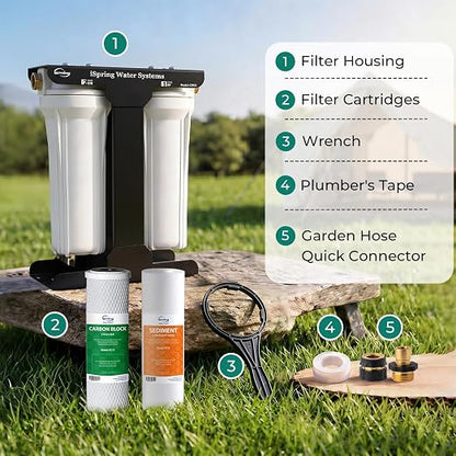 iSpring 2-Stage RV Water Filter System, Removes up to 99% Contaminants, Including Chlorine, Sediment, Sand, Dirt, Odor, and Color, Leak-Free Brass Fittings, External Mounting Bracket, Model: CW21