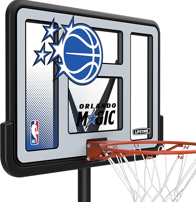 Lifetime NBA Orlando Magic Portable Basketball Hoop, Adjustable Height 7.5-10 Ft, 44 Inch Shatterproof Fusion Backboard, Base with Wheels